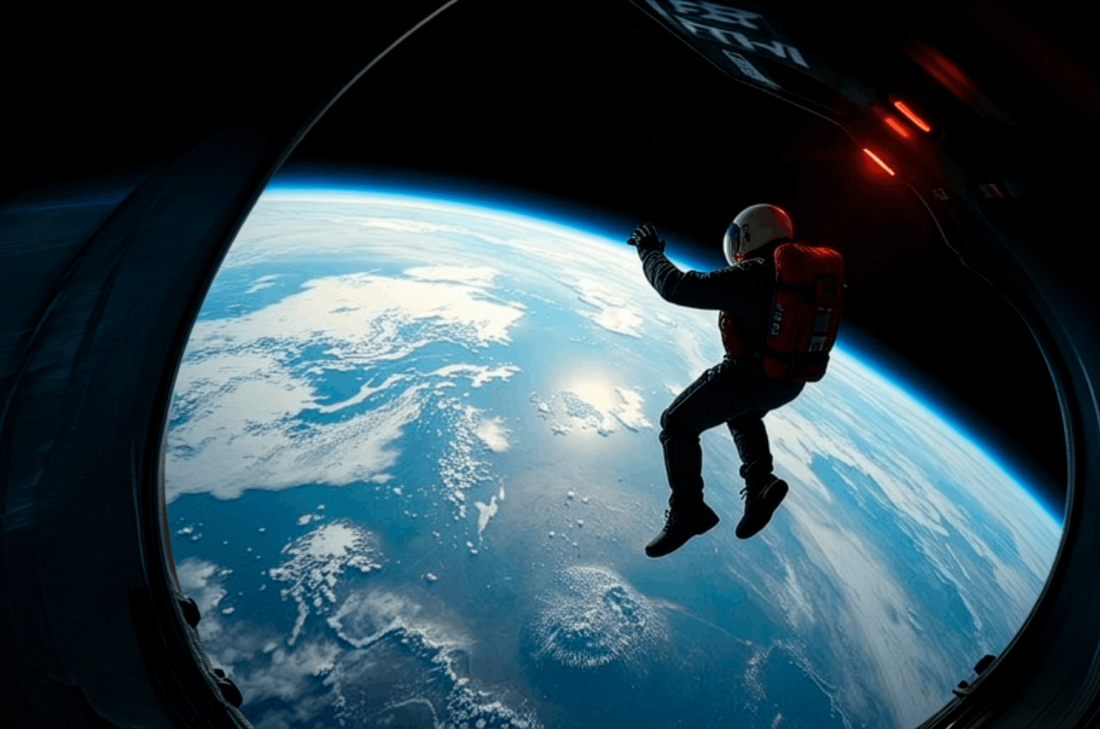 Fotografia a cores. No espaço, um astronauta prepara-se para se lançar de uma cápsula espacial em direção à Terra.