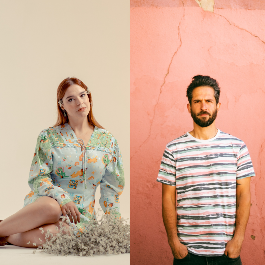 Color photomontage of portraits of Mia Tomé and Noiserv. In a white space, Mia sits in profile, leaning on one arm with her legs to the side, wearing colorful clothing, with a bouquet of white flowers in front of her. Noiserv stands in front of a cracked