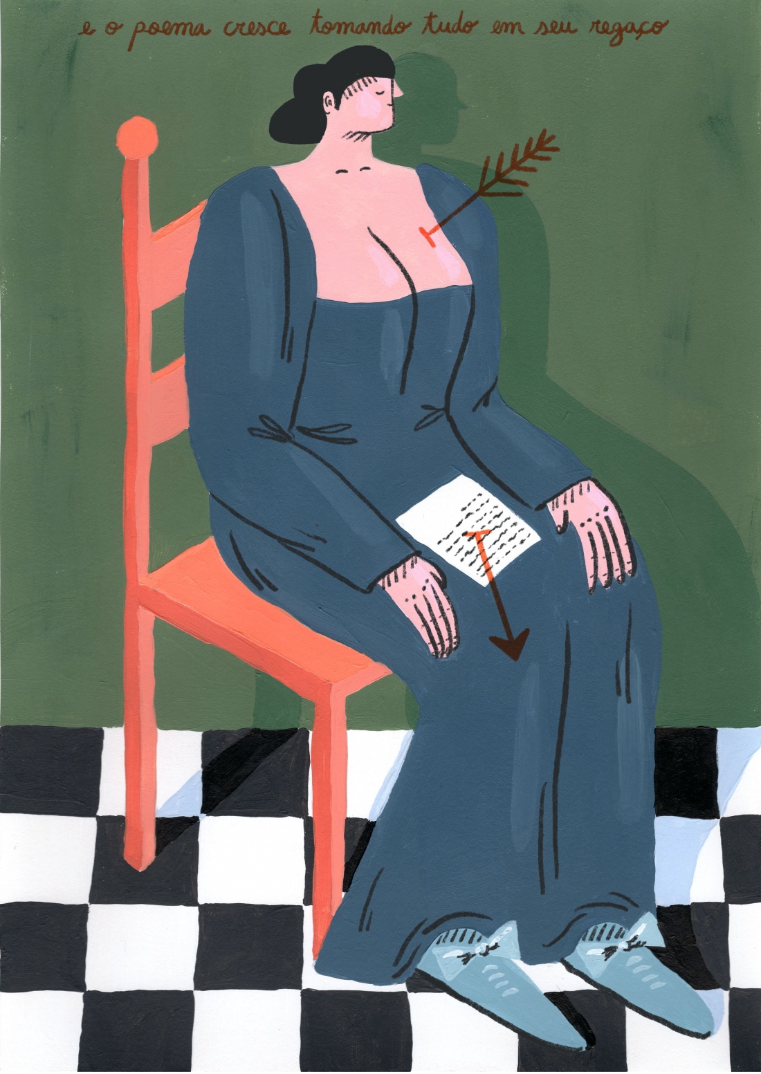 Ilustração a cores de Mariana, a Miserável. Uma figura feminina, com vestido longo e decotado, está sentada numa cadeira. Uma flecha atravessa o seu peito e um papel escrito que tem no seu regaço. 