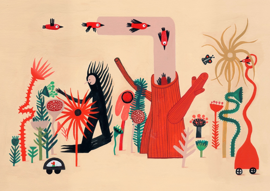 Ilustração colorida de Mariana Rio mostra figura antropomórfica preta e um tronco que suga pássaros num ambiente de plantas, veículos e animais predominantemente cor de laranja e verde.