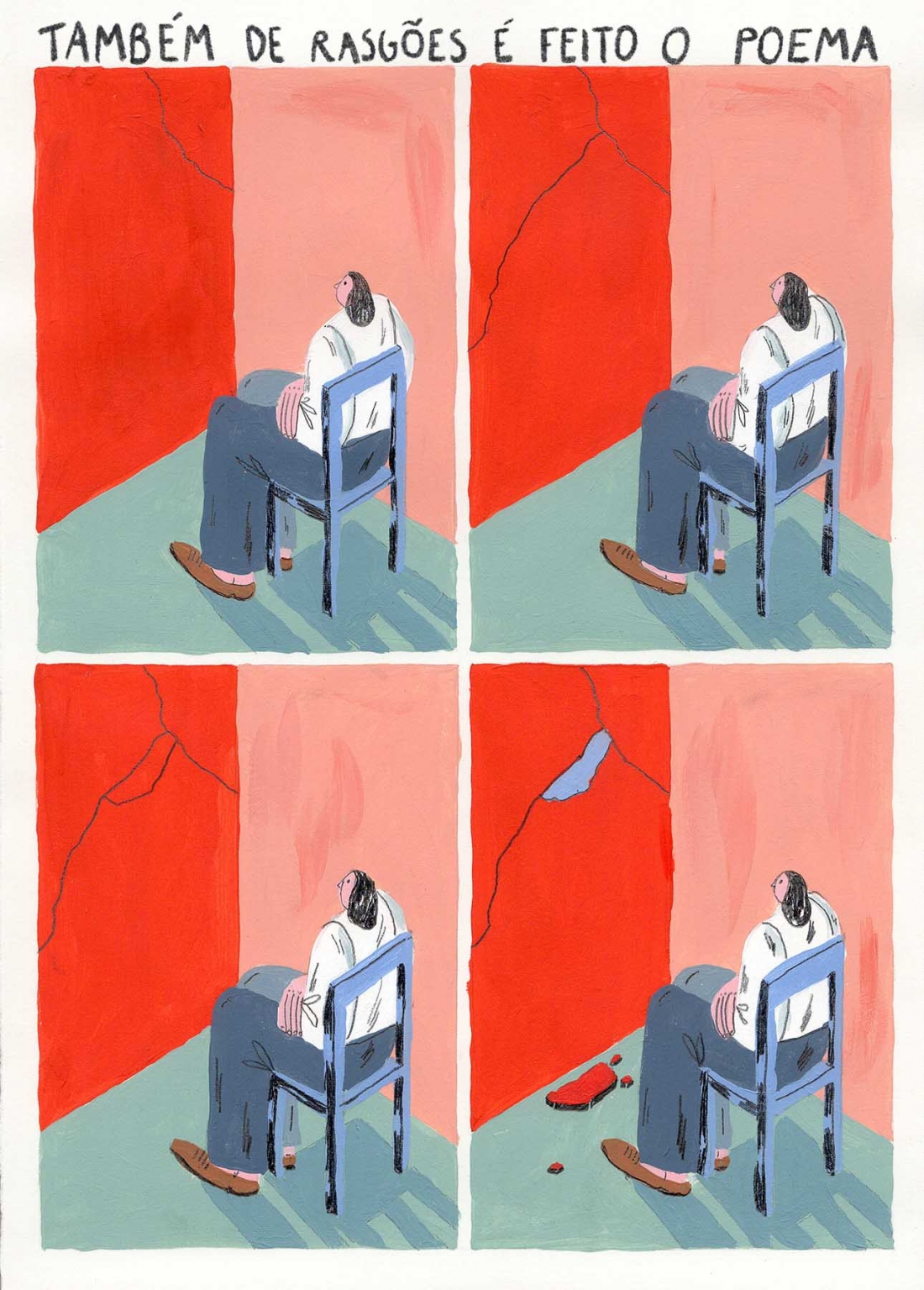 Ilustração a cores. Na imagem, estão representados 4 momentos de uma mesma mesma ação: uma pessoa sentada numa cadeira a olhar para uma parede. À medida que a ação de desenrola, a parede vai ruindo. No topo lê-se: 