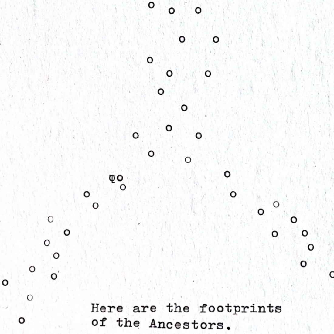 A white page features small, scattered circles that form a pattern resembling a path. At the bottom, the following sentence appears in English: “Here are the footprints of the Ancestors.”