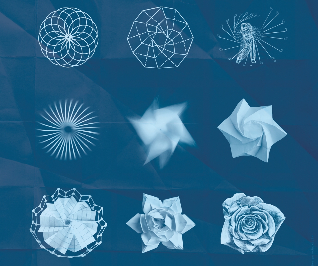 Promotional image of the performance. In a blue background, six concentric geometric shapes: they evolve from a sketch to a rose.