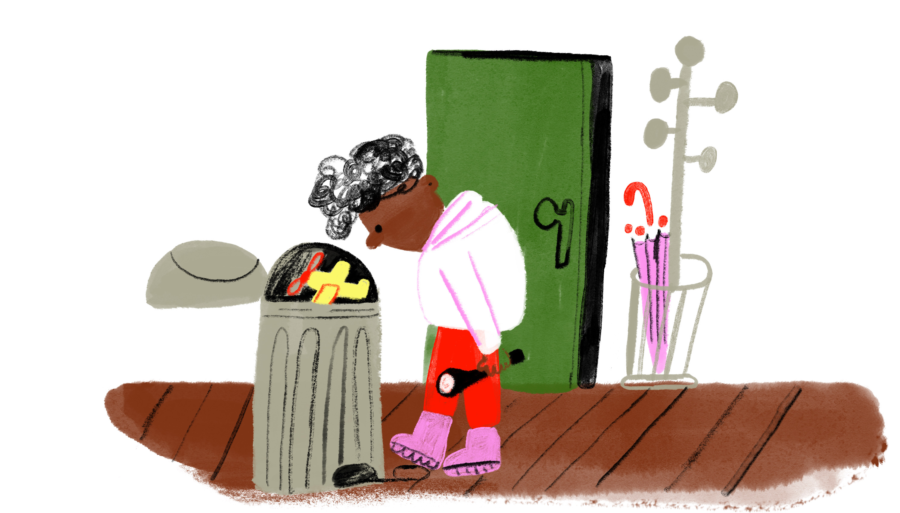 Ilustração a cores de uma criança a olhar para dentro de um caixote do lixo, com uma lanterna na mão. No caixote, um brinquedo.