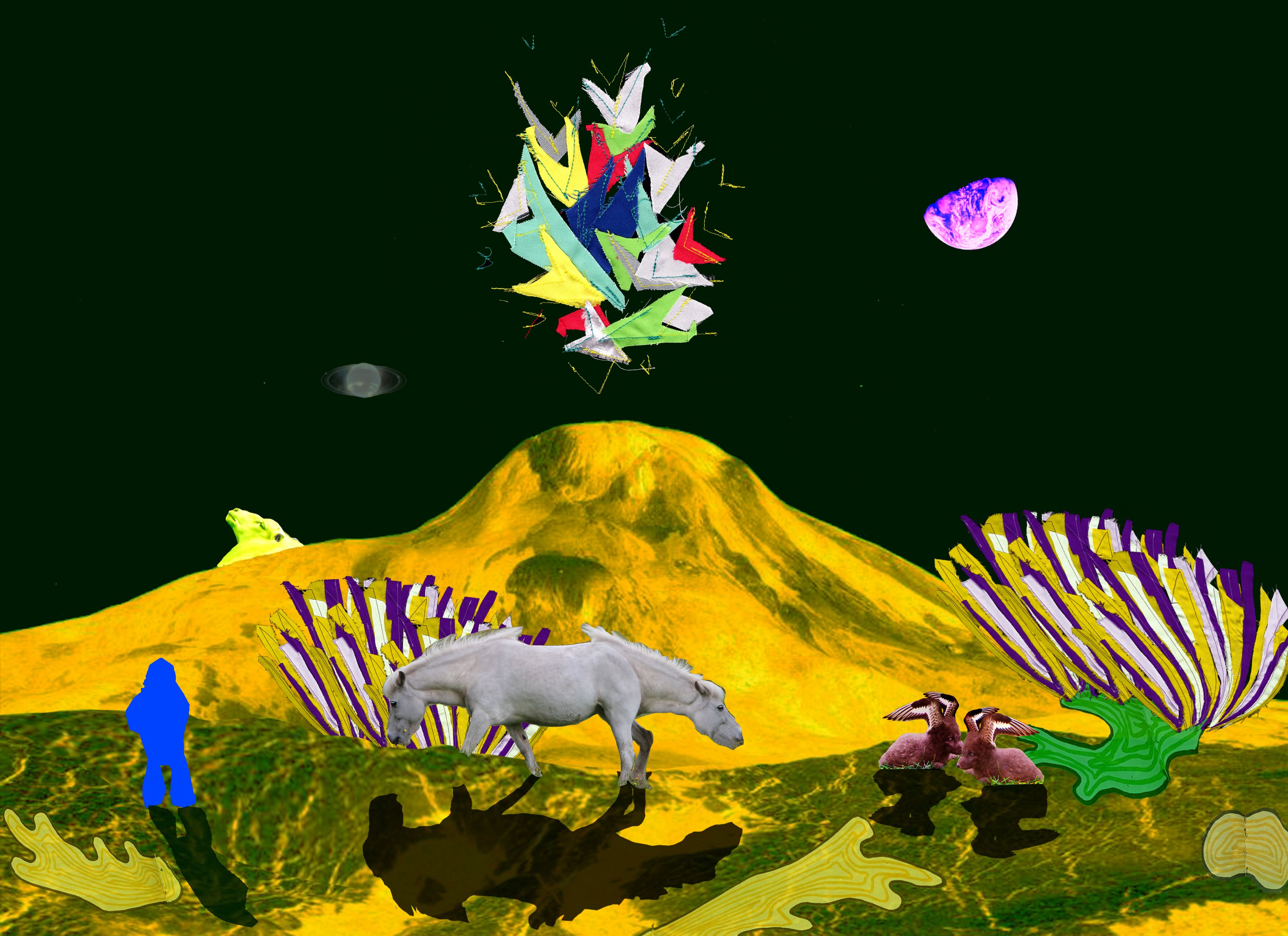 Color illustration of a planetary surface. It features duplicated animals, vegetation, and a human figure.