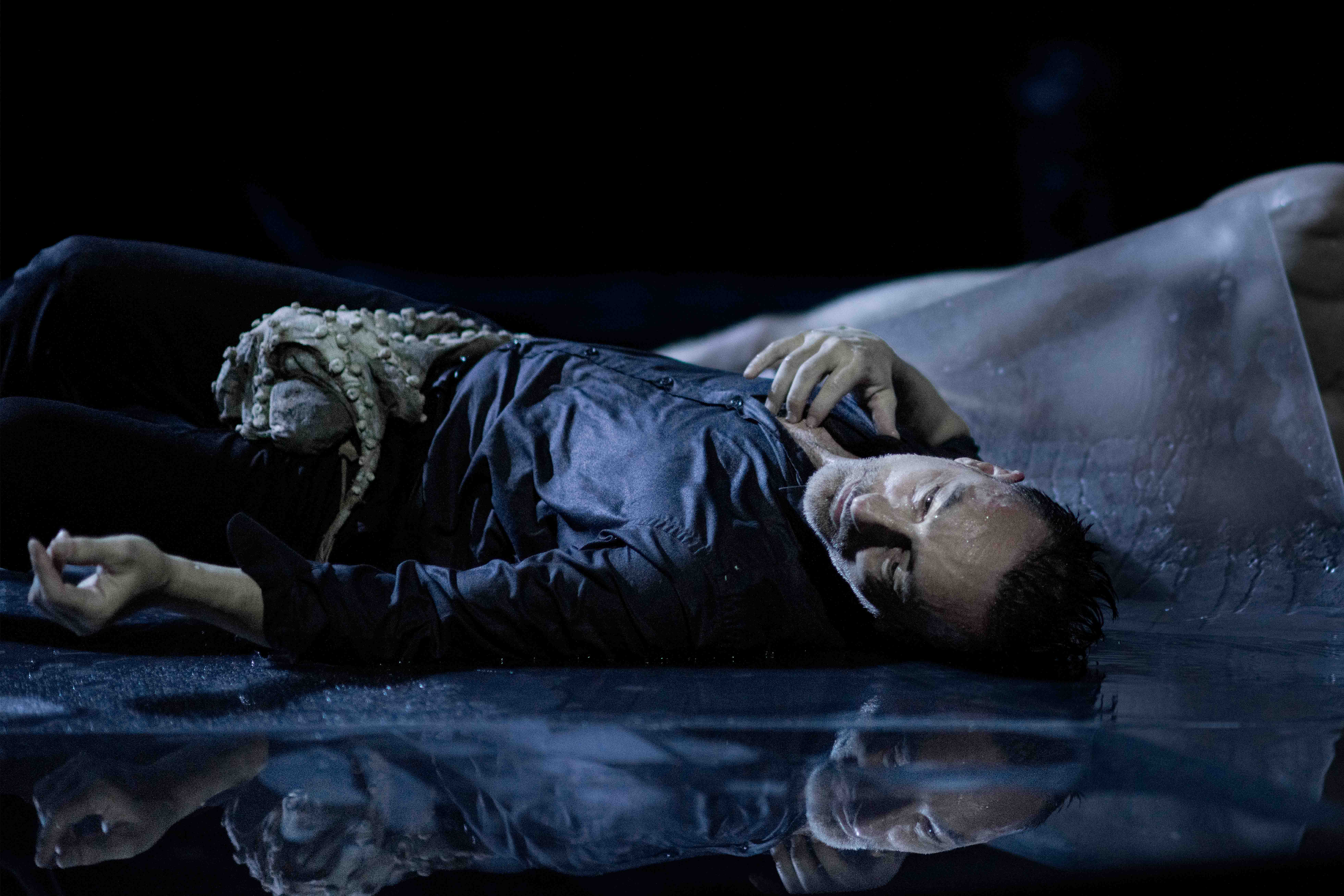 Colour stage photo.  Close-up of Dimitris Papaioannou lying on the wet floor with an octopus on top of him. On the ground, his face reflected in the water.