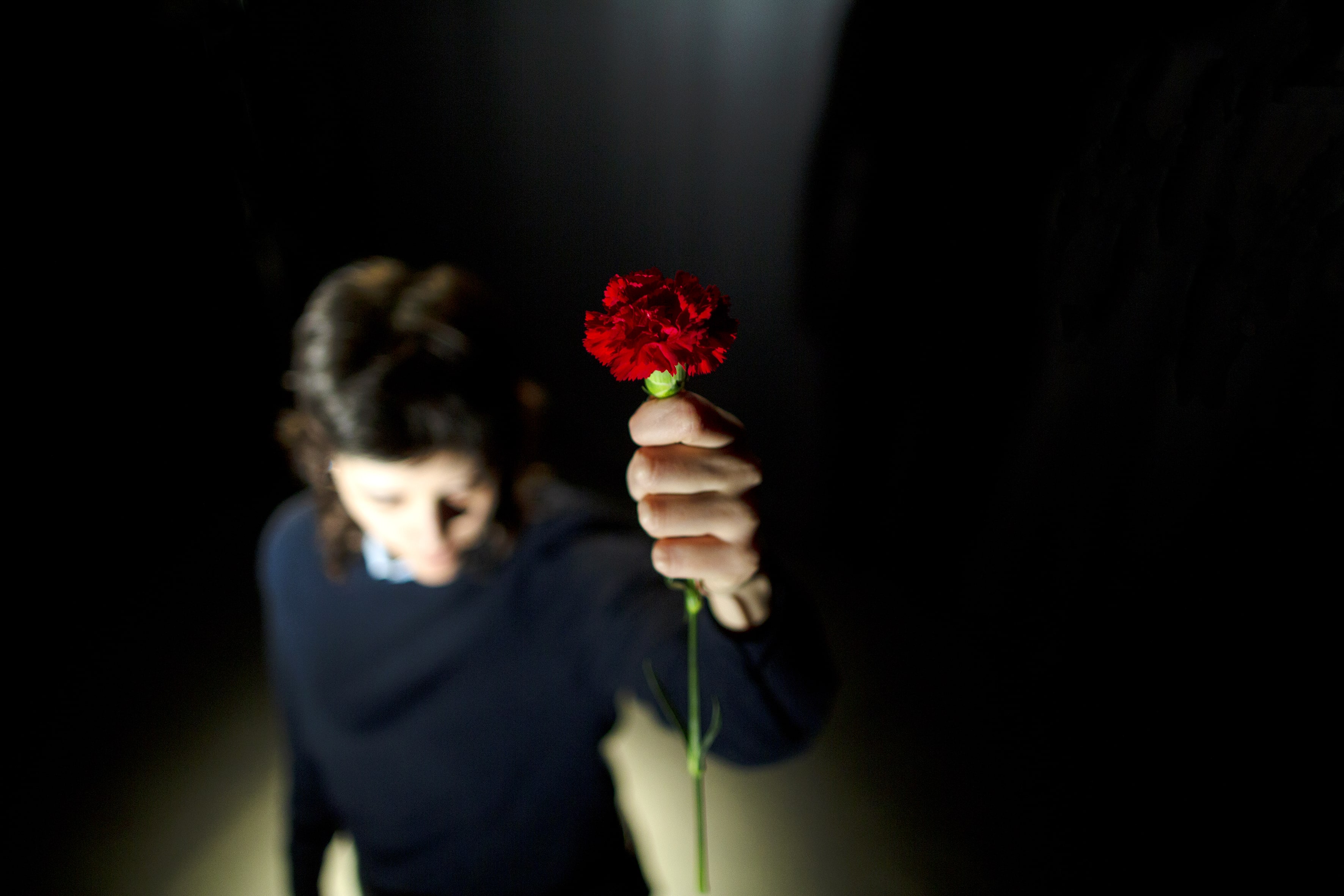 Fotografia a cores de uma pessoa erguendo um cravo vermelho. O cravo destaca-se na fotografia, enquanto a pessoa surge desfocada.