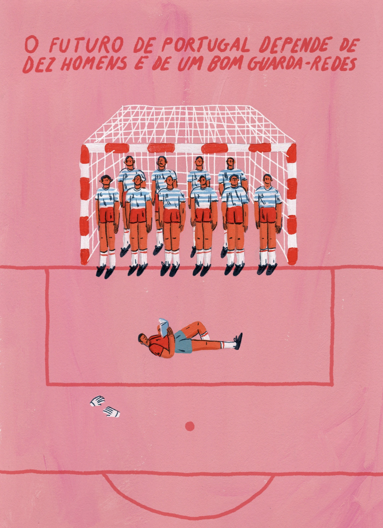 Ilustração a cores de Mariana a Miserável. Num campo de futebol rosa, 10 jogadores alinhados dentro da baliza. À sua frente, o guarda-redes lê um livro deitado. As suas luvas pousadas à sua frente.