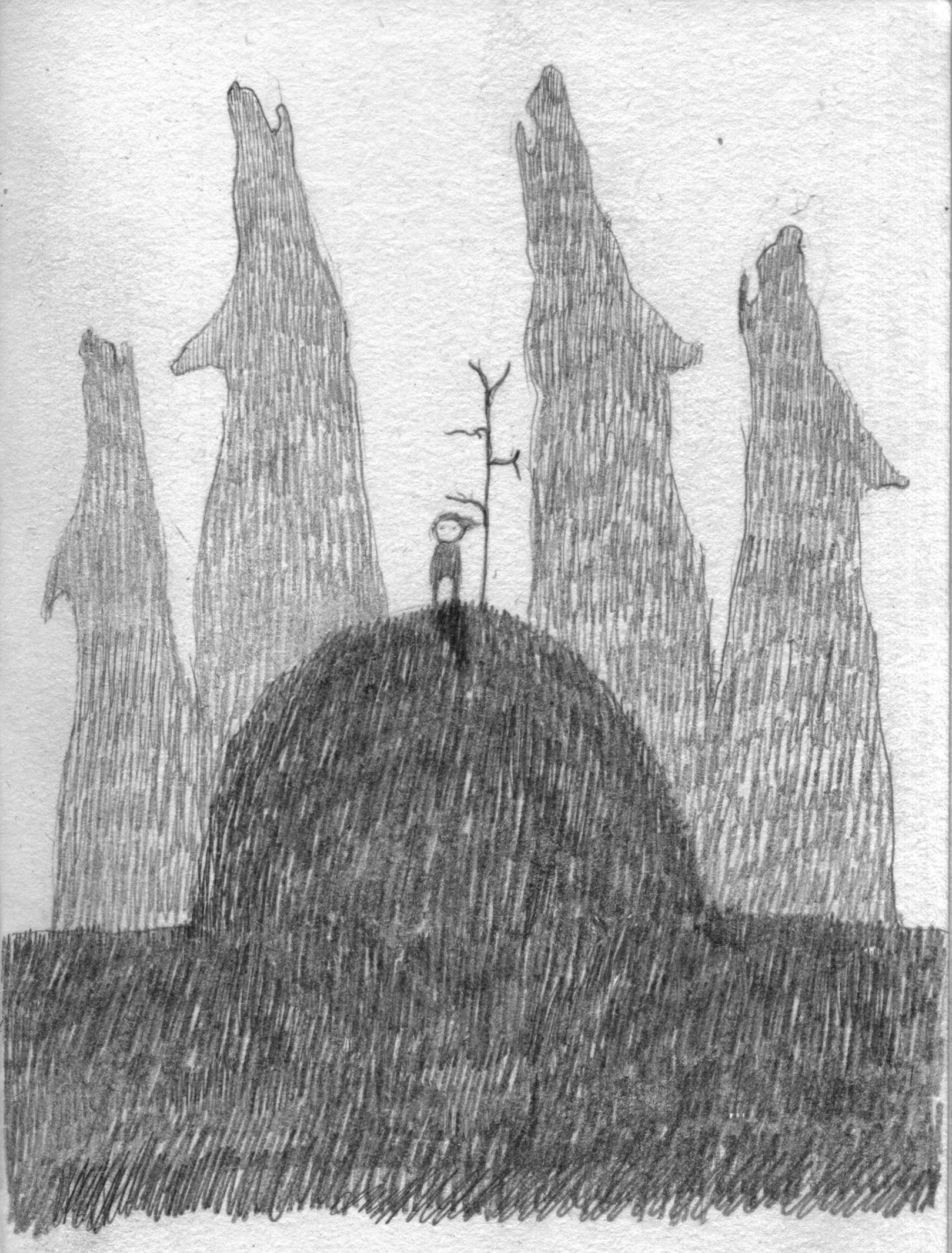 Ilustração a preto e branco de um rapaz no topo de um monte, junto à uma árvore seca, rodeado por quatro lobos gigantes uivando. 